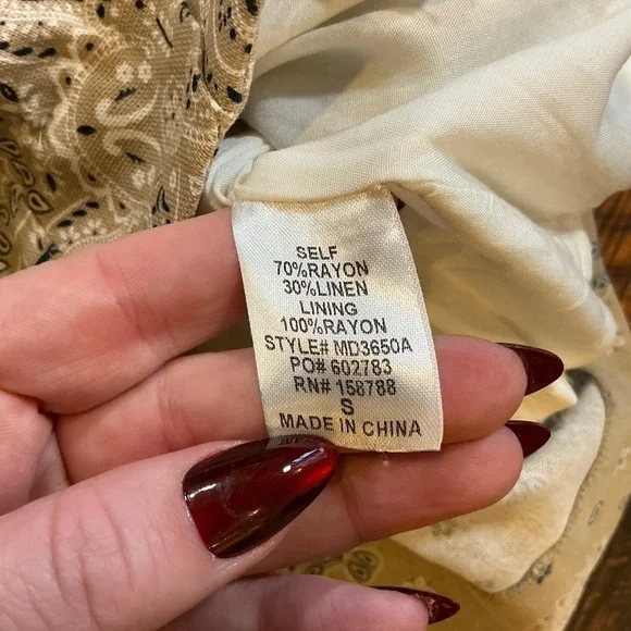 MABLE Tan Paisley Belted Shirt Dress Short Sleeve Button Front Small - Picture 5 of 6